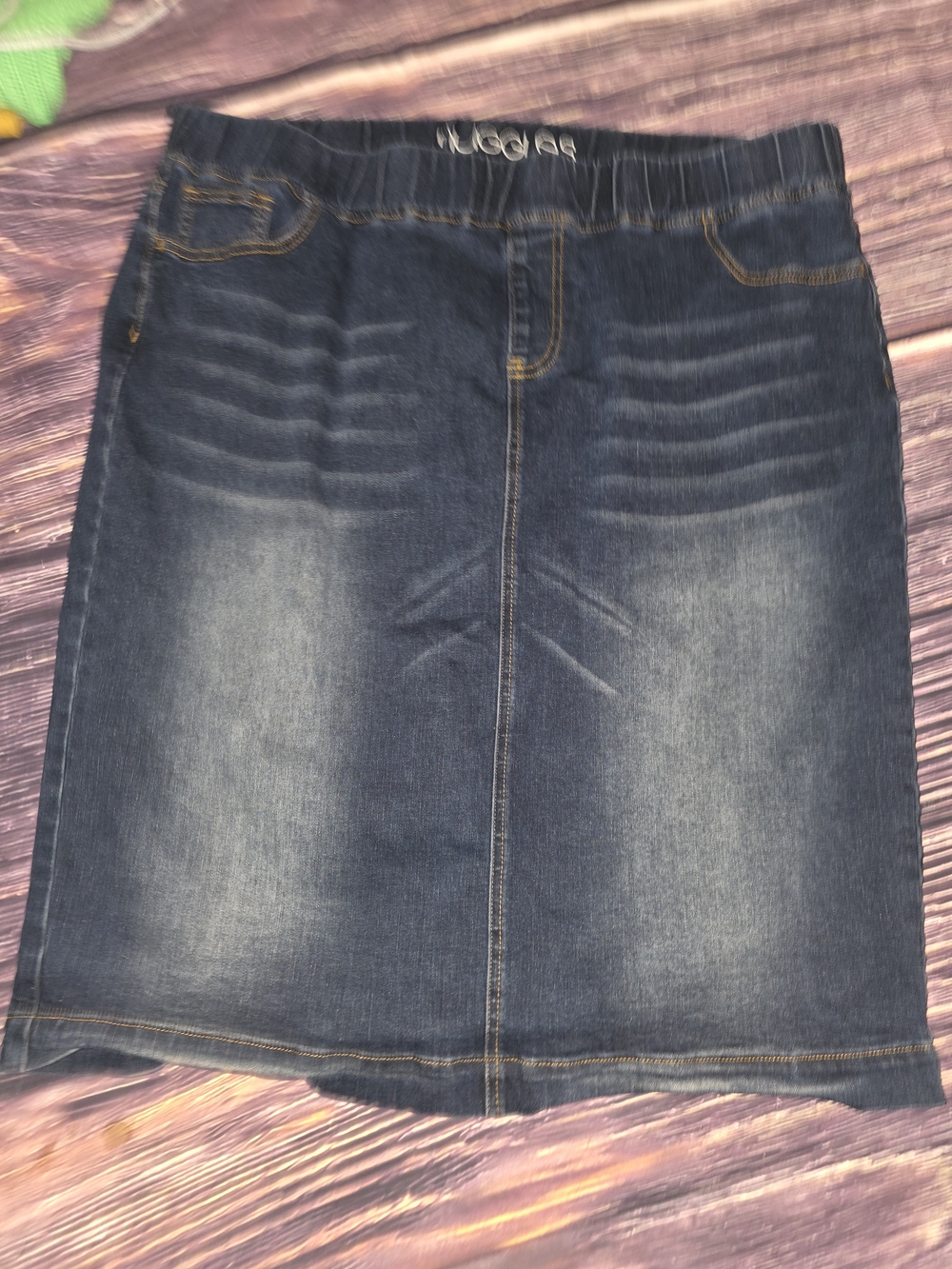 Women's Dark Blue Denim Midi Skirt with Elastic Waist